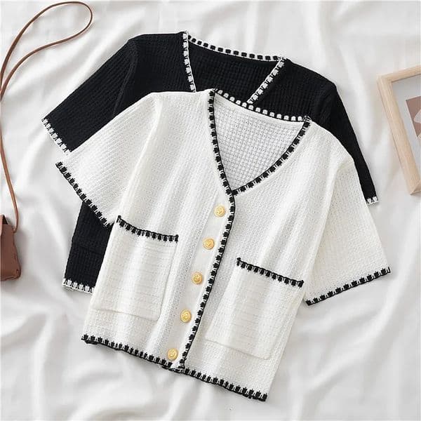 Summer Women Solid VNeck Casual Crop Top Singlebreasted Pocket Patchwork Cardigan Versatile Loose Short Slve Shirts 250311 Z260529