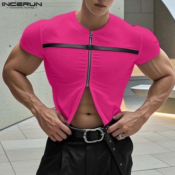 INCERUN Tops Korean Fashion Mens Half Pull Splicing n Summer Street Casual Short Sleeve Tank Top 250312BJ