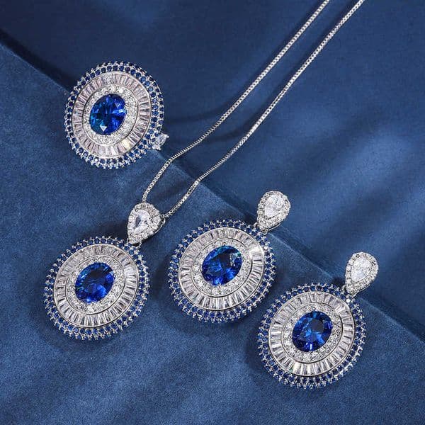 Zhuangsheng Copper Gold Plated Simulated Colorful Treasure Royal Blue Treasure Sparkling Diamond Set for Womens Pendant Set 8 * 10 W250312