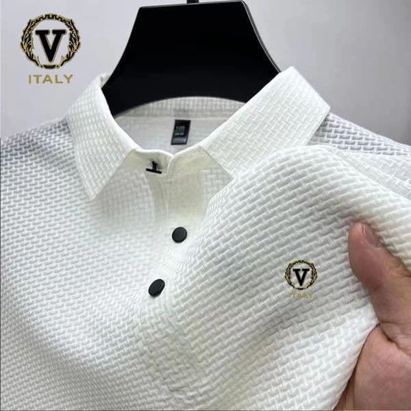 Fashionable printed ice silk elastic polo shirt summer breathable mens business short sleeved y top 250312BJ
