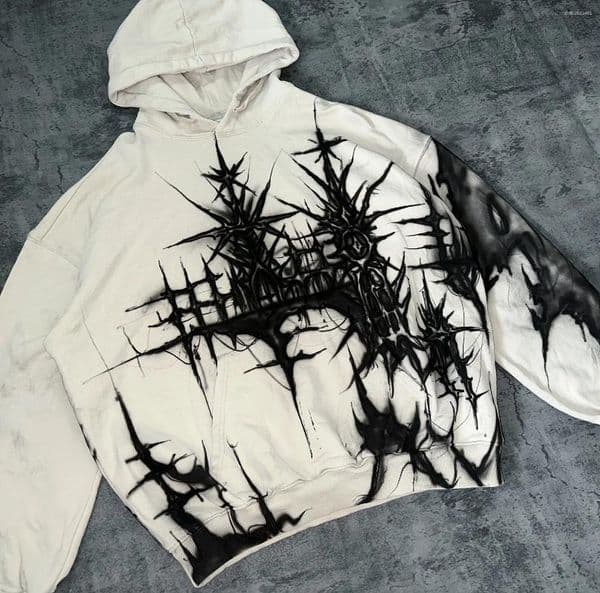Women's Hoodies Clothes Retro Punk Graffiti White Hood Hip Gothic Mens Oversized Pullover Womens Casual American Cotton Sports Tops