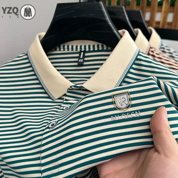 Mens Striped Cotton Business Casual Short Sleeved POLO Shirt Fashion Comfortable and Breathable Top 250312BJ