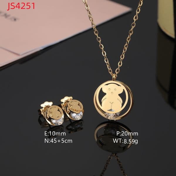 Hot Sale Fashion Women Silver Rose Gold Stainless Steel Bear White Zircon Cartoon Animal Pendant Necklace Earrings Jewelry