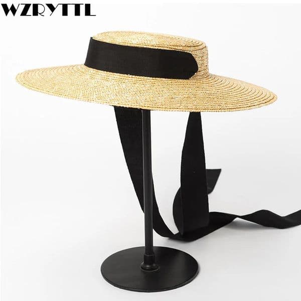 Wide Brim Boater Hat 10cm 15cm Brim Straw Hat Flat Women Summer Hat White Blk Ribbon Tie Sun Hat Beh Cap250304 Z260427