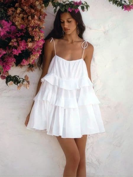 Fashionable y summer sexy loose 100% pure cotton womens dress with mini classic pleated cake beach 250313BJ