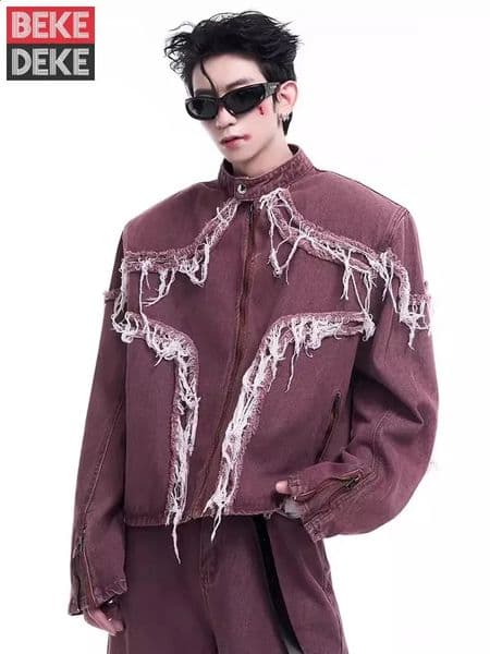 Mens Denim Jacket High Street Fashion Stand Collar Tassels ner Short Coat Casual Outerwear Spring Autumn Hip Hop 250312