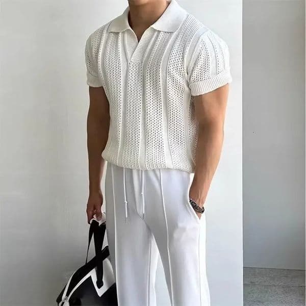 Mens Summer Korean Lightweight Knitted Top Polo Shirt Hollow Mesh Texture Casual Tshirt 250313