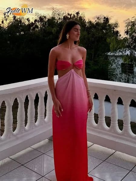Fashionable gradient hollow long skirt elegant womens cut satin shoulder dress summer street party 250313