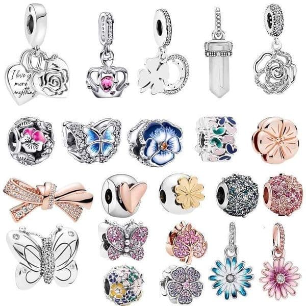 100% 925 Sterling Silver Chardo Style Cute Butterfly Flower Four-Leaf Clover Pendant Suitable For Women's Bracelet DIY Jewelry