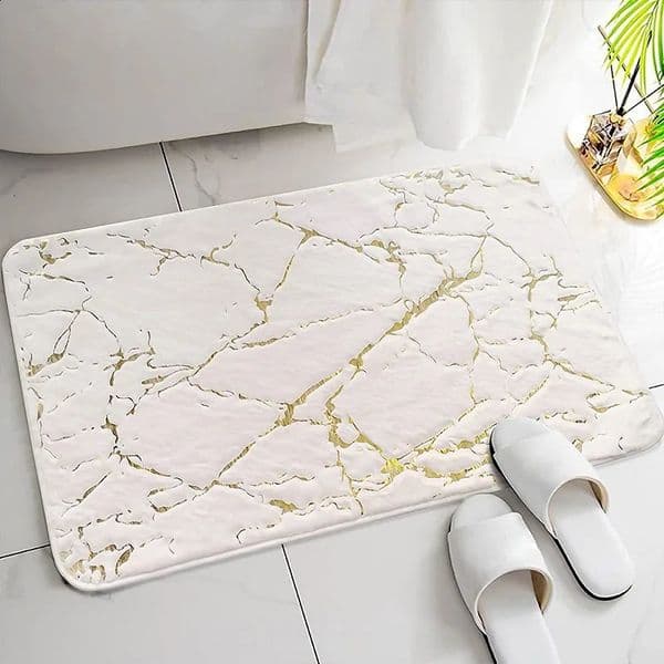 Inyahome Bath Mats for Bathroom White and Gold Non Slip and Soft Bathroom Rug Absorbent Bath Rug Decor for Kitchen Indoor 250313