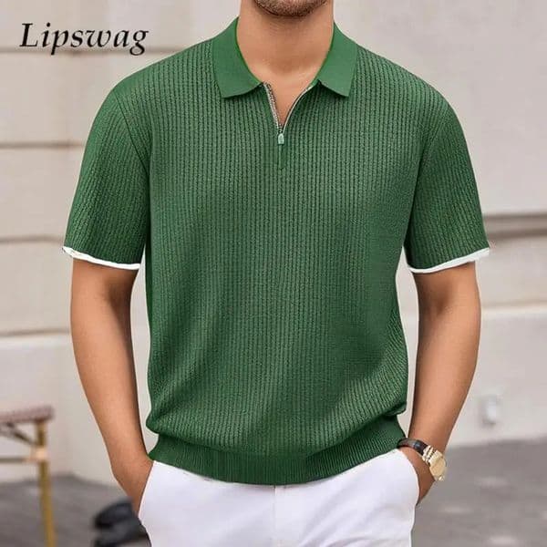 Casual solid color knitted mens polo shirt for spring and summer fashion zipper up down lapel top casual breathable 250313BJ