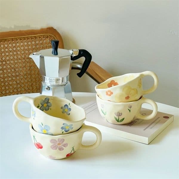 Ceramic Mugs Coffee Cups Hand Pinched Irregular Flower Milk Tea Cup Ins Korean Style Oatmeal Breakfast Mug Drinkware Kitchen 250314