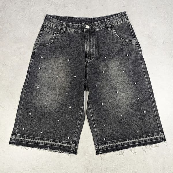 Peerage Y2k vintage rhinestone wash wide leg bag long Jorts mens streetwear excessive wear black gray loose denim jeans shorts 250310