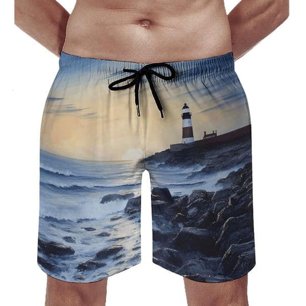 Mens Swim Trunks The Seaside Lighthouse Swim Shorts Quick Dry Beach Shorts with Mesh Liner and Pocket Seaside shorts