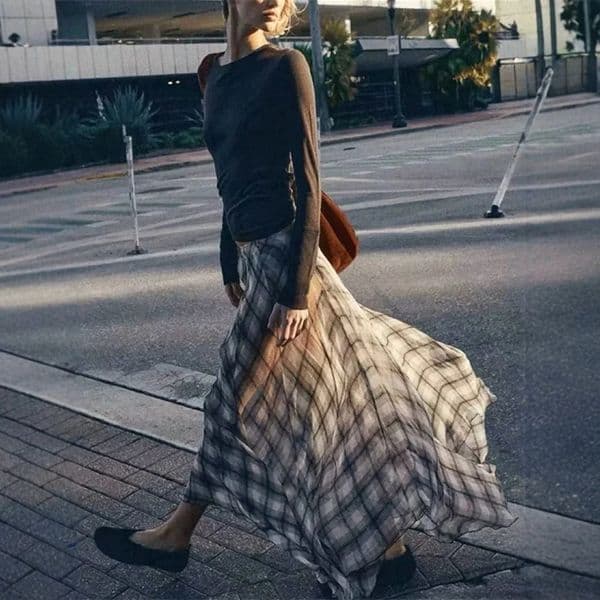 Flowing Check Midi Skirt Spring/Summer Collection Retro Long Style Seaside Vacation Casual Brown Womens Clothing 250311BJ