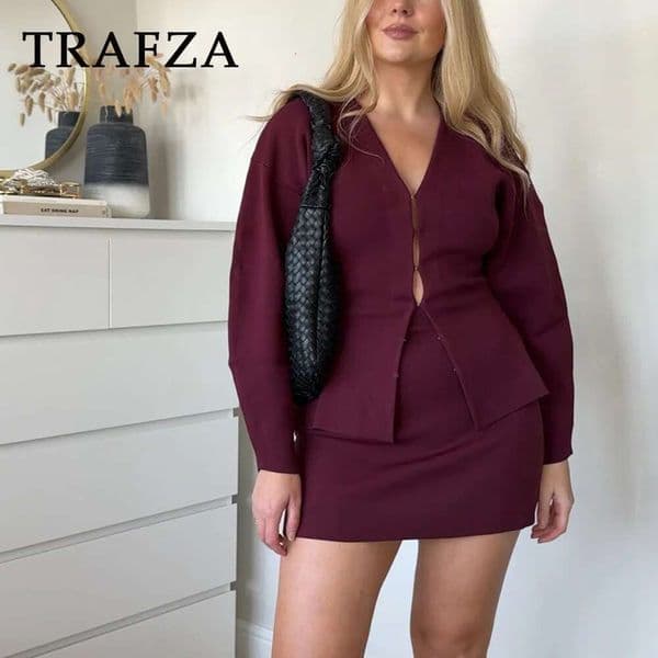 Autumn Winter Streetwear Women Knitted Suits Fashion Elegant V Neck Single Breasted Shirts+Chic Mini Skirts