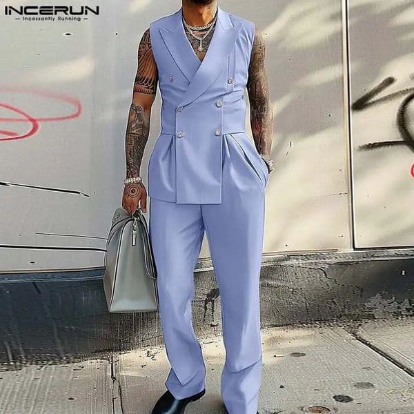 INCERUN Mens Jumpsuits Lapel Collar Sleeveless Double Breasted Elegant Blazer Suit Long Pants Rompers Male One Piece Overalls 250310