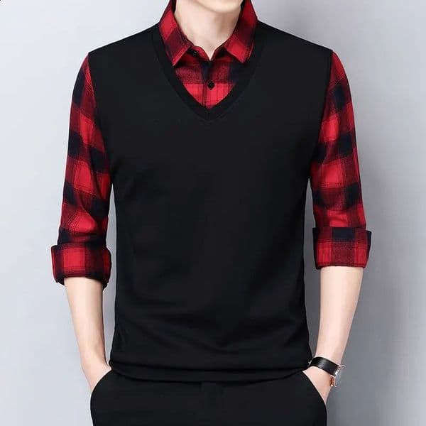 Smart Casual Formal Men Polo Shirts Fake Two Plaid Street Vintage Male Clothes Spring Autumn Fashion Long Sleeve Business Tops 250312
