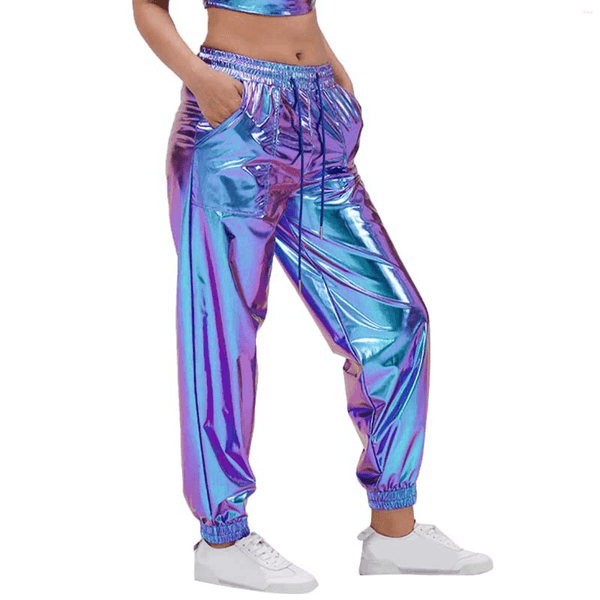 Women's Pants Women Metallic Shiny Drawstring Sweatpants High Street Fashion Gold Stamped Trousers Carnival Costume Rave Party