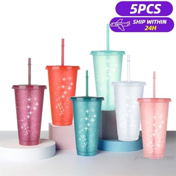 5PCS Flash Powder Water Bottles For Girl With Straw Reusable Hard Plastic Tumbler With lid Coffee Cup Drinkware Christmas Gift 250314