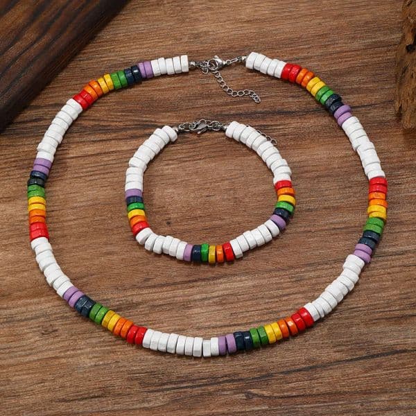 Retro Style Colorful Wooden Beaded Charm Bracelets Necklace Set Handmade Bohemian Style Beach Jewelry For Men Women