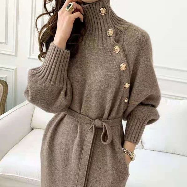 (39) Women's autumn and winter loose slim turtleneck sweater two-way tie waist knitted dress