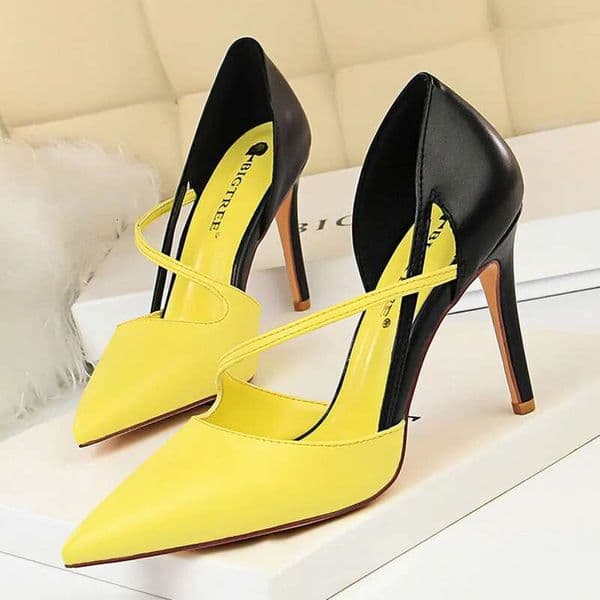 New Summer Women 9.5Cm High Sandals Nightclub Stripper Heels Sexy Patchwork Sandles Party Ankle Strap Yellow Pink Shoes