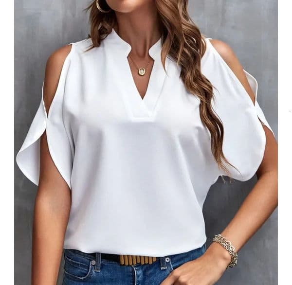 summer and autumn womens blouse shirt fashionable V-neck Solid Tops Short sleeved womens clothing 250314