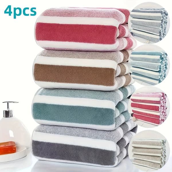 4pcs Coral Fleece Towel Set Contemporary Striped Super Soft Quick-Dry 13.7 x 29.5 Inches - Perfect for Bathroom 250311BJ