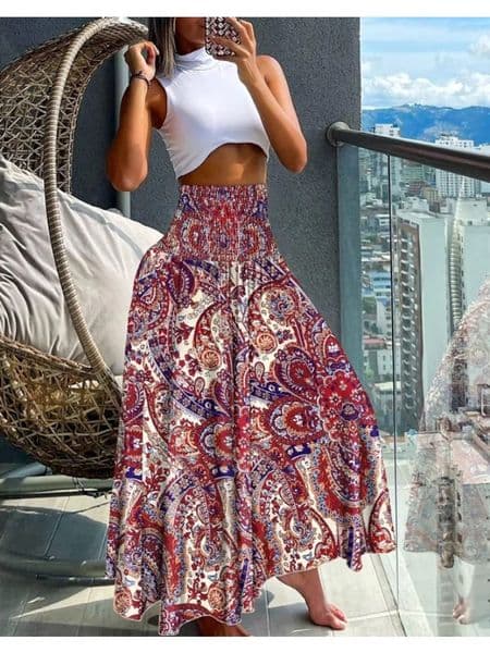 Womens Fashion Floral Print Folds Bohemian Elastic High Waist Skirt Ladies KneeLength Long Skirts For Women 250310