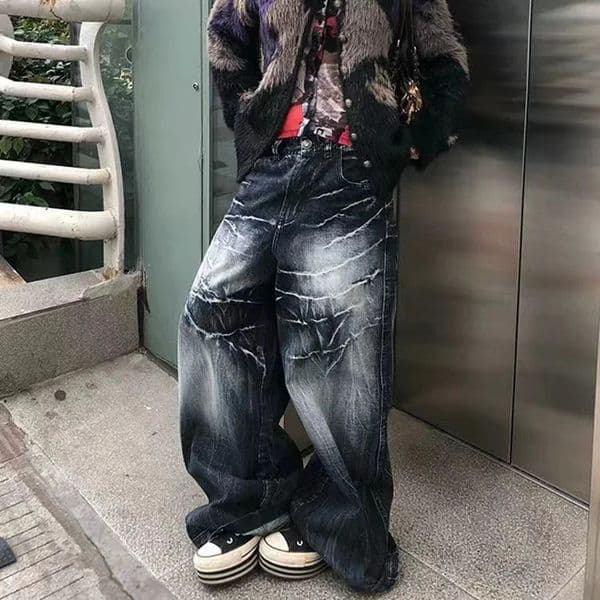 Gothic retro embroidered Y2K street jeans hip-hop pockets oversized loose wide leg pants Harajuku high waisted denim Trousers 250311BJ
