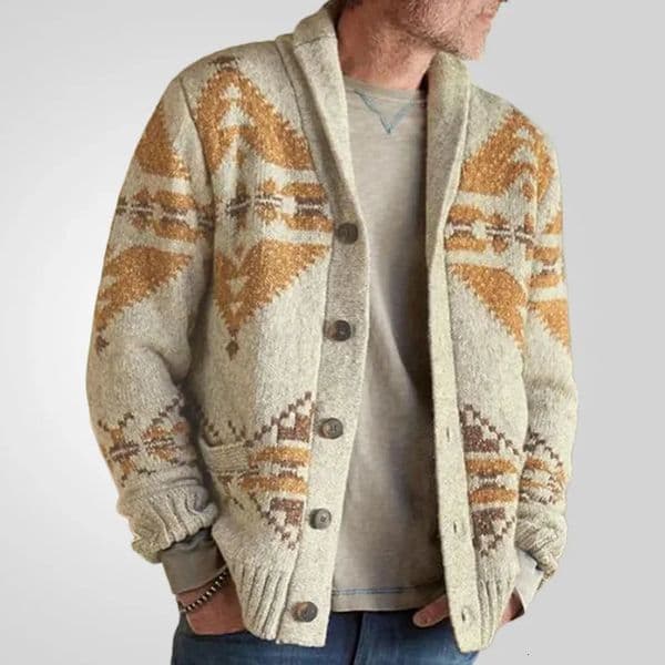 Mens Open Collar Woolen Sweater Single Chest Splicing Thick Printed Coat Sewing Autumn and Winter 250311