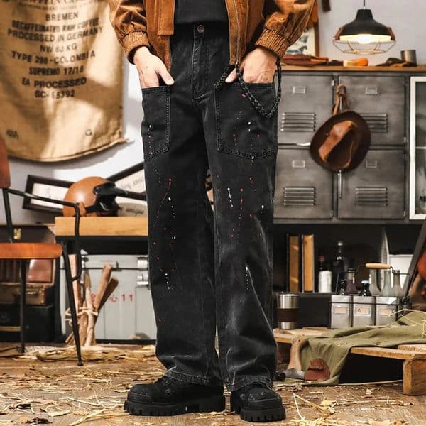 American street fashion zipper niche n denim Trouser mens spring trend dark micro flash casual wide leg pants 250312