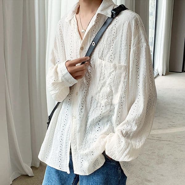 Mens Trend Summer Hollow Collar Shirt Short Sleeve Sexy Perspective Shirt and Comfortable Mens Shirt 250313BJ