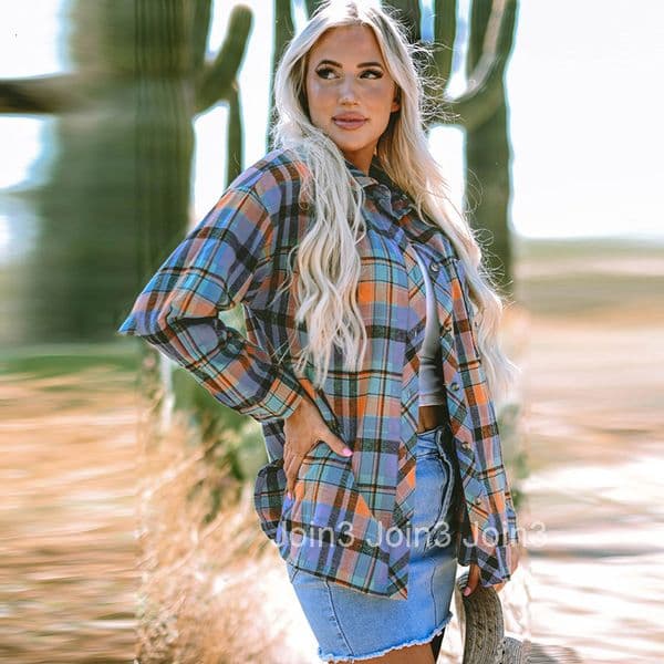 Summer New Plaid Printed Long Sleeved Top for Women Simple and Versatile Loose and Meat Blocking Shirt for Women