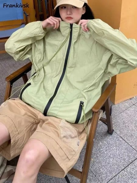 Women Jackets Baggy American Streetwear Breathable Stand Collar Comfortable Sun-proof Daily Simple Chic Outer Drawstring Trendy 250311BJ