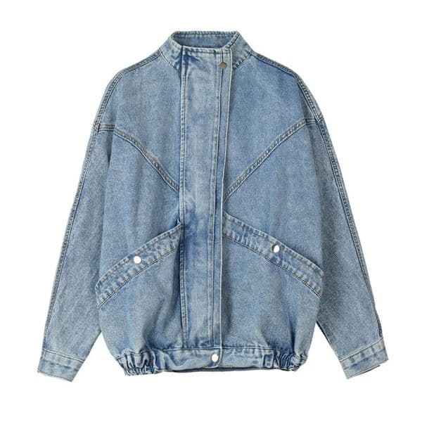 Women Blue Denim Jacket Mandarin Collar Long Sleeve Solid Loose Oversize Jacket Women 250311BJ