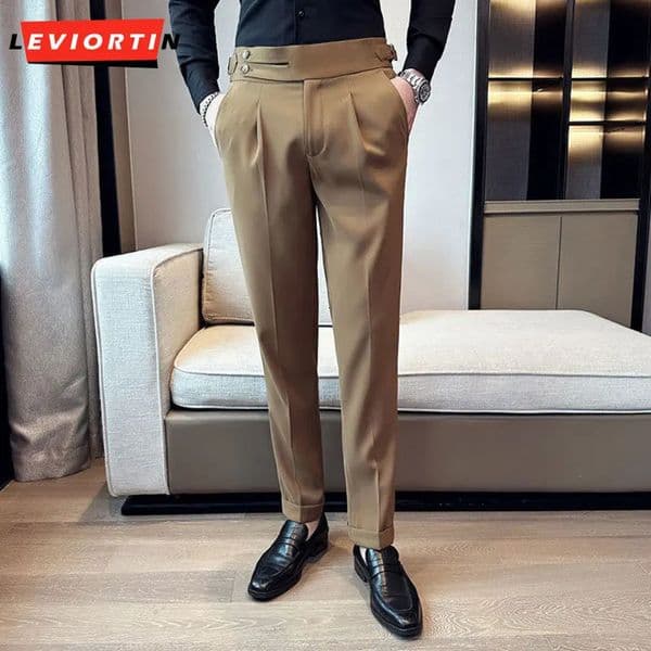 High quality elastic suit pants mens Italian style personalized pleated ultra-thin fit small foot suit pants business casual pants 250314