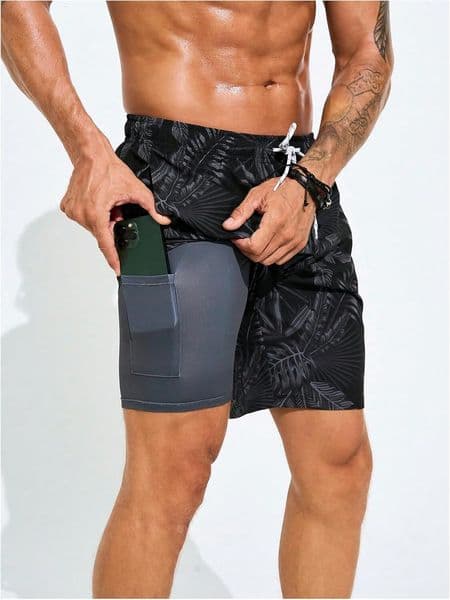 Men's Tropical Print Drawstring Swim Trunk Quick Dry Beach Shorts with Compression Trendy Fashion