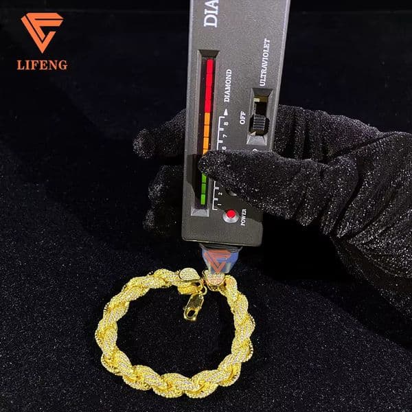 Custom Hand Make VVS Moissanite Diamond 8mm Gold Plated 925 Solid Silver Rope Bracelet for Cuban Link Chain