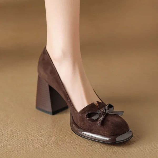 Women Shoes 2025 Spring Retro High Heels Butterfly Knot Square Heel Faux Suede Commuting Elegant 6-8cm Pumps Tacones Para Mujer 250317BJ