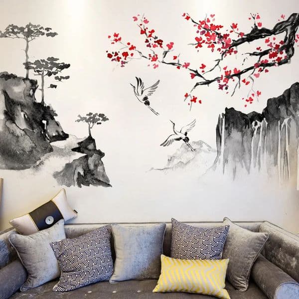 Chinese Wind Ink Landscape Painting Art Wall Stickers Crane Bedroom Living Room Home Decoration Selfadhesive Decals 250318