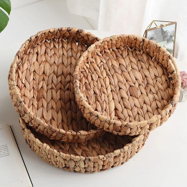 Rattan Wicker Basket Handwoven Fruit Tea Snack Bread Basket Cosmetic Round Storage Box Water Hyacinth Tray Jewelry Dish 250317