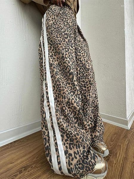 Womens Pants Fashion Leopard Casual Loose Vintage Trousers Side Stripes Wide Leg Sport Style Comfortable