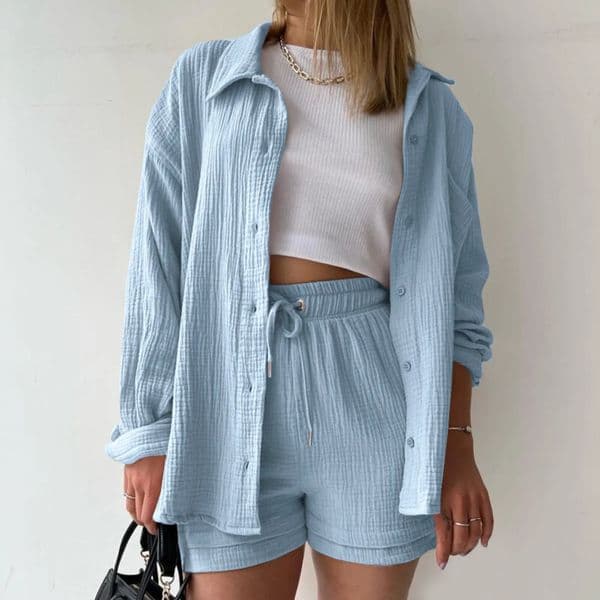 Summer Womens Suit 2024 Wrinkles Shirts Two Piece Set Solid Color Ladies Drawstring Short Sets Blue Button Outfits Clothing250312BJ