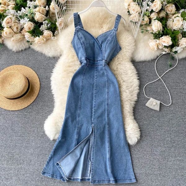 Dress Denim Women Dresses Sexy Sling Sleeveless Slim Party A Line Blue High Waist Long Vestidos V Neck Summer Elegant Splice 250314BJ