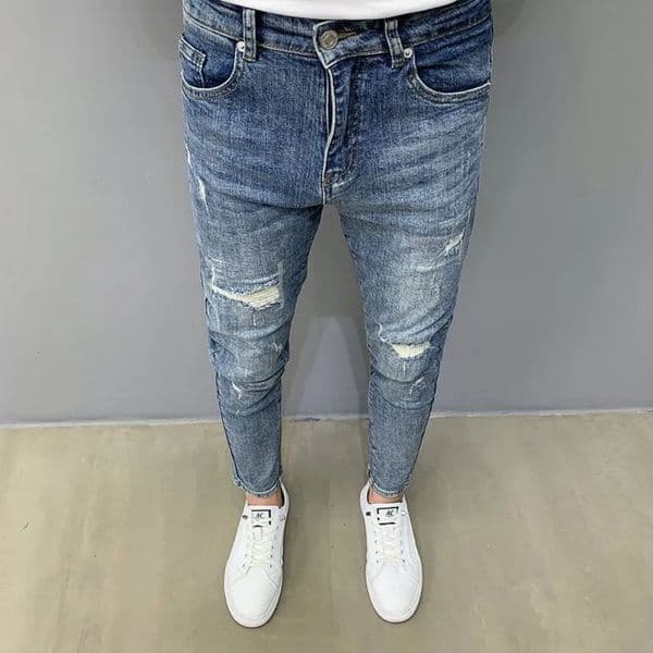 Stylish Korean Clothing Mens Jeans for Stylish and Fashionable Men Ripped Hole Streetwear Slim Denim Trousers 250317