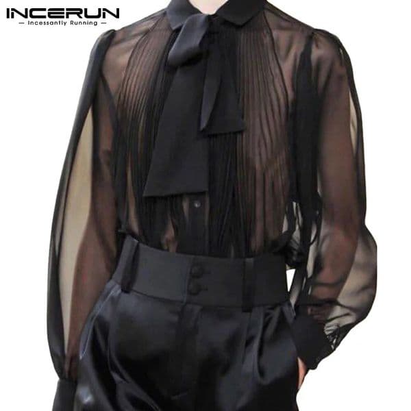 INCERUN Mens Shirt Mesh See Through Lace Up Lapel Long Sleeve Shirts Streetwear Pleated Solid Party Men Clothing S-5XL 250313BJ