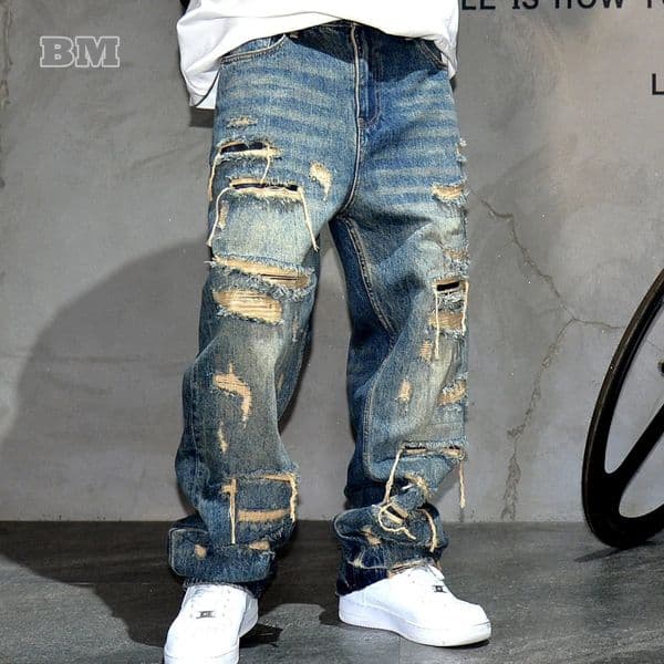 Mens ripped pocket jeans Distressed denim streetwear skateboard pants straight leg patches super city fashion workwear 250317
