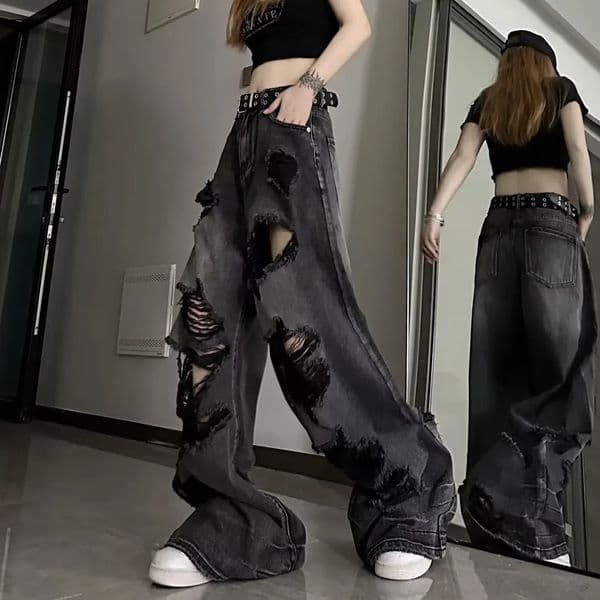 Vintage Ripped Denim Black Jeans For Men Women Trendy Straight Leg Slimming Loose Fit Casual Streetwear High Street Style 250317